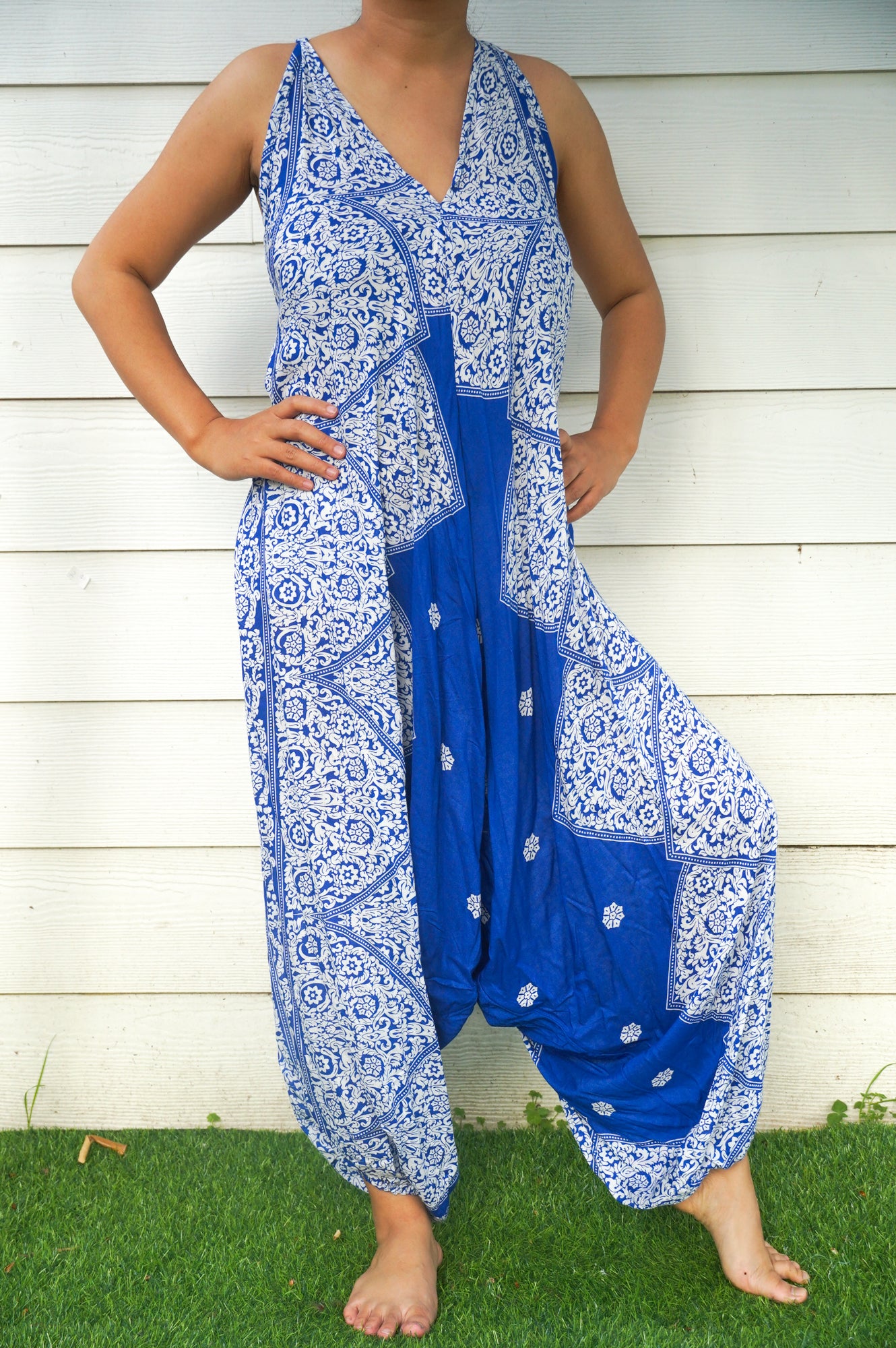 Blue Floral Hippie Jumpsuits, Boho Rompers, Festival Clothing