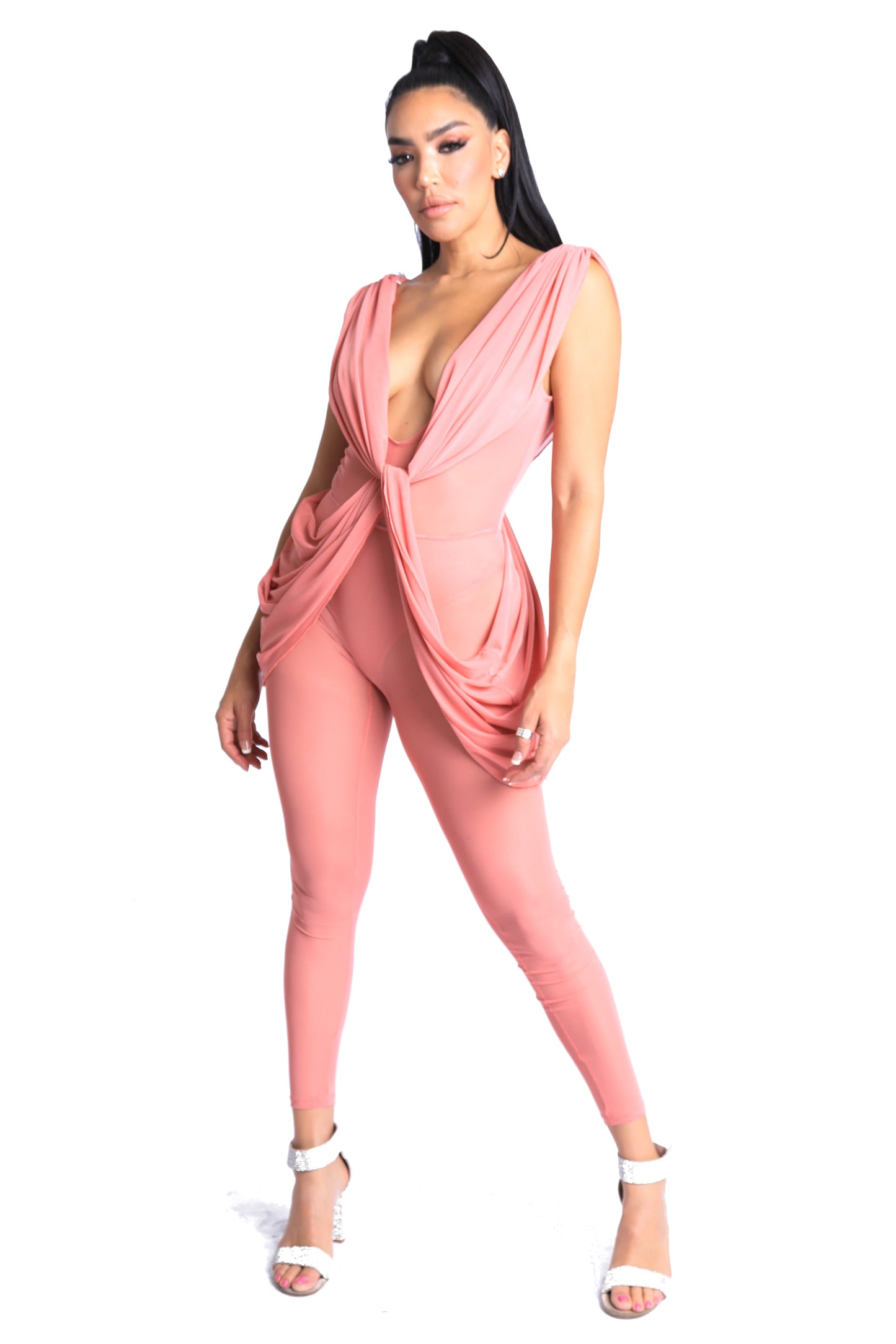 Sexy Sleeveless Lightweight Draped Mesh Jumpsuit Party Clubwear MAUVE