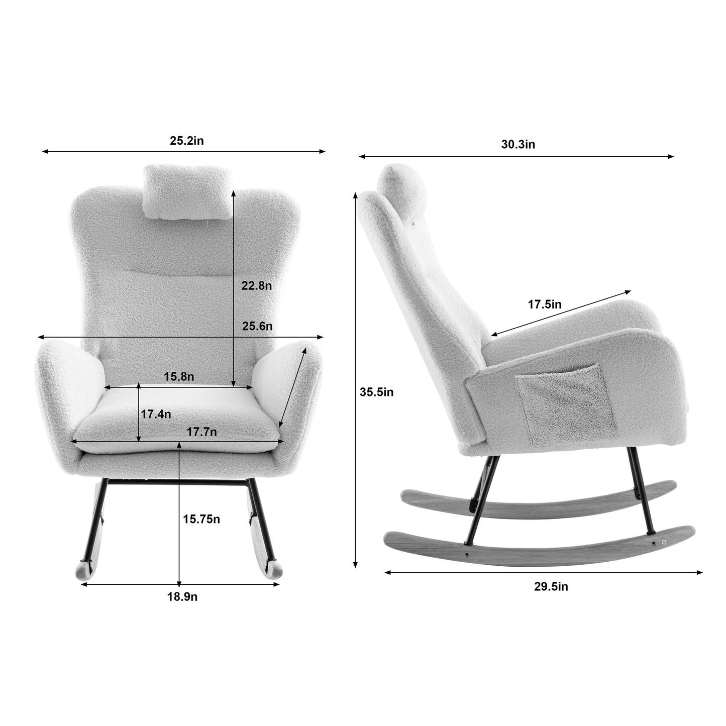 35.5 Inch Rocking Chair With Pocket, Soft Teddy Fabric Rocking Chair