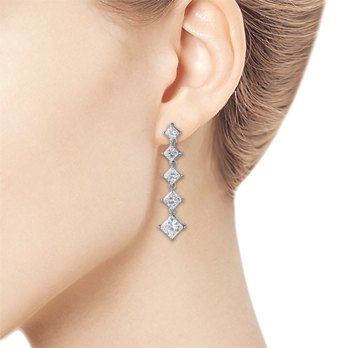 14K White Gold Earring Studs with 10 Princess-Cut Lab-Created Diamonds