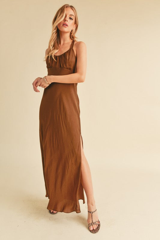 Aemi + Co Ruched Side Slit Cutout Back Maxi Cami Dress