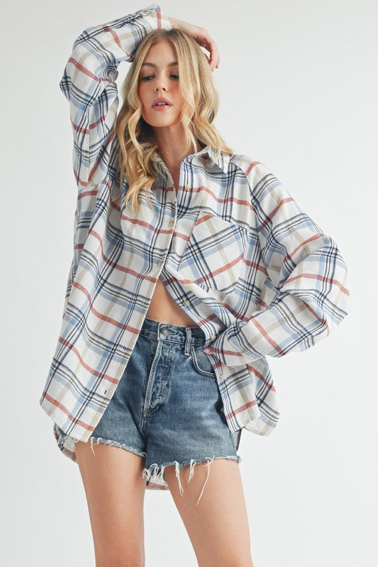 Aemi + Co Plaid Button Up Flannel Shirt with Chest Pocket