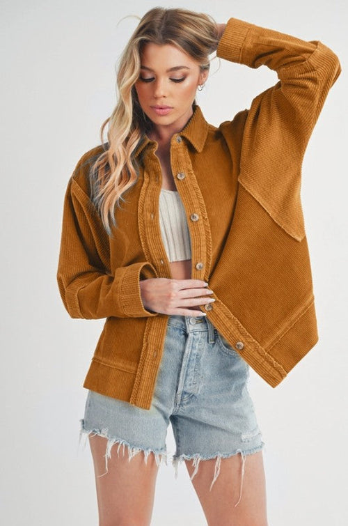 Aemi + Co Side Slit Exposed Seam Button Up Corduroy Jacket