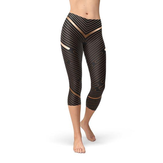 Womens Striped Lines Sports Brown Capri Leggings