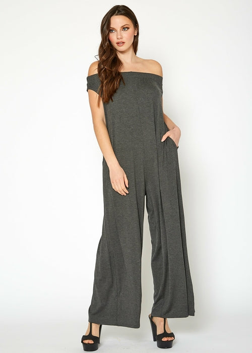 Women's Off Shoulder Wide Leg Jumpsuit With Pockets