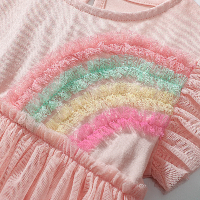 Summer New Arrival Colorful Rainbow Pattern Fly Sleeves Tulle Dress