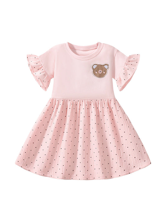 Summer Teddy Logo Short-sleeved Pink Dress with Dots Pattern for