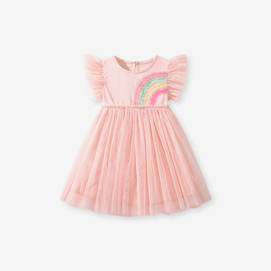 Summer New Arrival Colorful Rainbow Pattern Fly Sleeves Tulle Dress