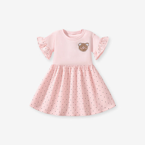 Summer Teddy Logo Short-sleeved Pink Dress with Dots Pattern for